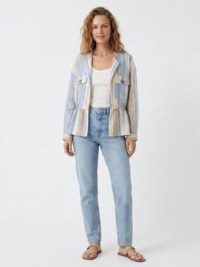 Zara Striped Open-Front Striped Linen-Blend Peplum Jacket in Blue & Cream. XL